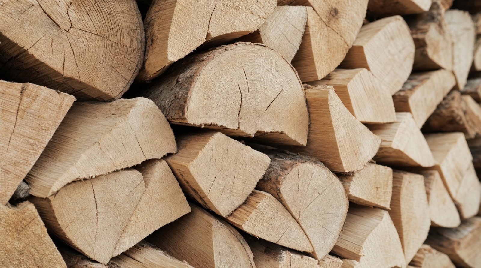 Stacked split hardwood seen end-on, showing the fine radial cracks that indicate dry wood